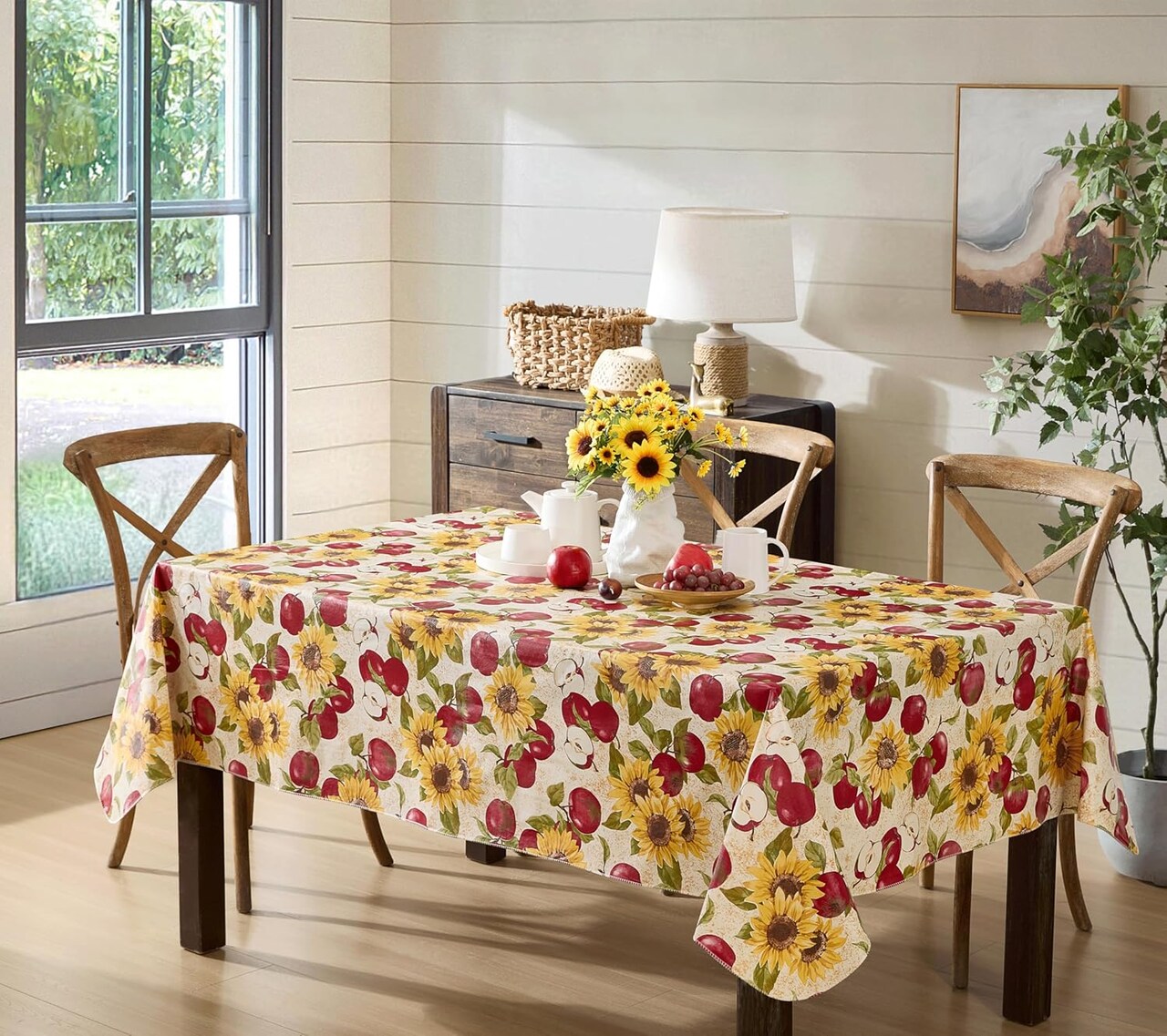 Spring Daybreak Apples 60 x 84 Inch Rectangle Vinyl Tablecloth with Flannel Backing, Indoor Outdoor Waterproof Vinyl Table Cover Holiday Parties and Dining, Red Apples and Sunflowers